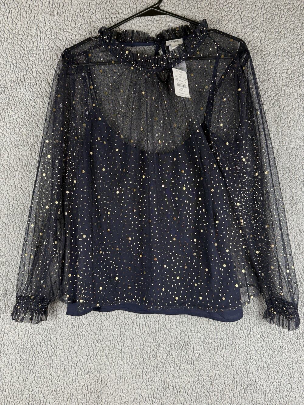 J Crew Shirt Top Blue Navy Med Women's Sparkle Tulle Ruffleneck Top Blouse NWT
